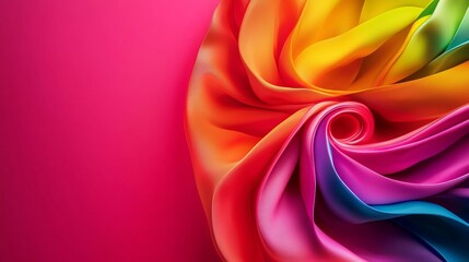 Poster - A vibrant, swirling rainbow fabric against a pink background, showcasing smooth textures and bright colors.