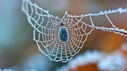 Frosted spiderweb with eggs, autumn leaves background, nature macro photography