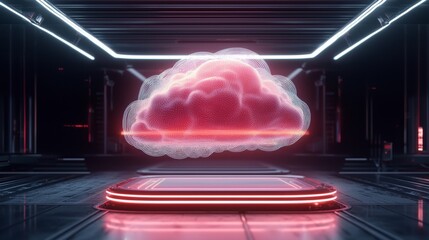 Poster - A digital cloud structure illuminated by neon lights, set against a sleek, futuristic backdrop, symbolizing technology and data storage.