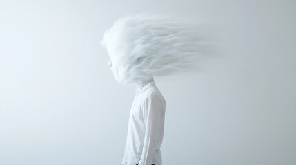 Aufkleber - Surreal representation of a person experiencing mental overload, with a cloud like explosion emanating from the head, symbolizing stress, burnout, and information overload