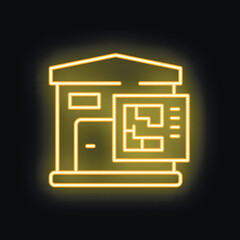 Poster - Glowing neon line icon of a building with the floor plan showing, representing a new construction project