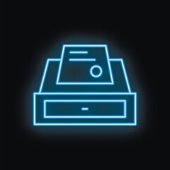 Poster - neon icon of electronic voting machine showing paper ballot being inserted