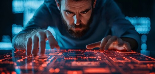 Poster - A focused man interacts with a glowing digital interface, showcasing technology and innovation in a modern workspace.
