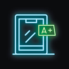 Poster - Neon icon of a smartphone receiving an a plus grade, symbolizing excellent mobile performance or user experience