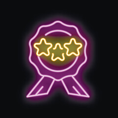 Poster - Glowing purple and yellow neon sign depicting three stars for quality guarantee on black background