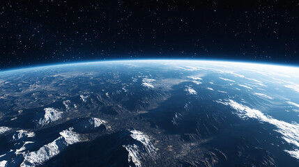 Wall Mural - A stunning view of Earth from space shows a black sky with a blue horizon and distant mountains along the edge.