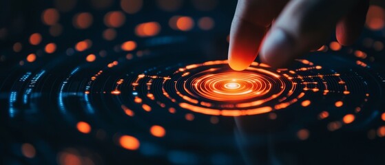 Poster - A fingertip touches a glowing, concentric pattern of orange lights against a dark background, creating a visually captivating tech-inspired scene.