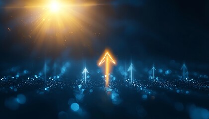 Poster - A glowing arrow points upward against a dark background, illuminated by a bright light, symbolizing progress and growth.