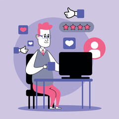 Poster - Business professional sitting at desk with computer, actively interacting with online reviews and feedback while holding mug. Friendly online presence concept