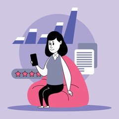 Poster - Woman sitting on colorful bean bag, engaged in business analysis using smartphone. Charts and documents with data trends and customer feedback in modern workspace