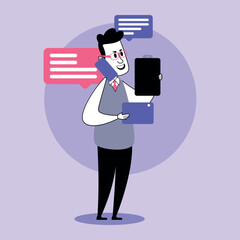 Poster - Business professional engaged in multitasking while talking on the phone and holding tablet. Effective communication skills in digital environment concept