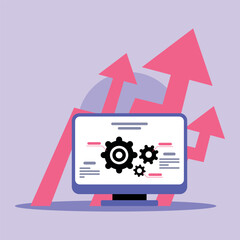 Poster - Computer screen with gears and analytics as symbols of growth in business. Progress and advancement in industry concept