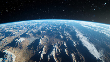 Wall Mural - A stunning view of Earth from space shows a black sky with a blue horizon and distant mountains along the edge.