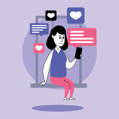 Aufkleber - Woman interacting with smartphone, surrounded by various digital icons. Modern business communication concept