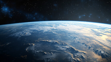 Wall Mural - A stunning view of Earth from space shows a black sky with a blue horizon and distant mountains along the edge.