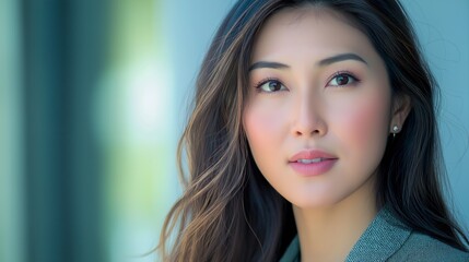 Poster - A young woman stands confidently against a light backdrop, her hair cascading softly. Sunlight highlights her natural beauty as she gazes thoughtfully, embodying grace and elegance