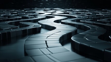 Fototapete - A dark, abstract scene featuring winding, reflective pathways that create a mesmerizing, flowing pattern.
