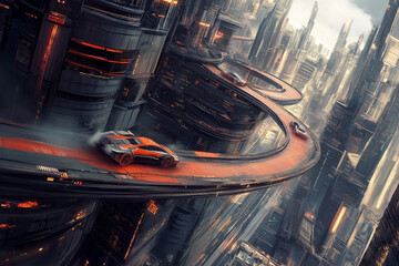 Aufkleber - A futuristic racing track winding through a city filled with levitating cars.