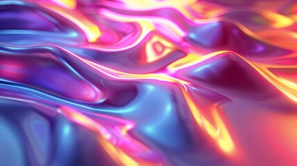 Poster - Vibrant iridescent abstract gradient waves move in a fluid motion, showcasing a blend of colors and light reflections