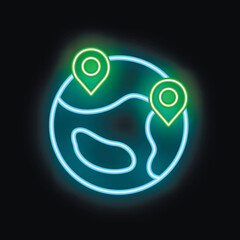 Poster - glowing neon illustration of a blue planet earth with two green location pins