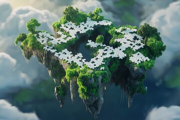 Poster - A floating island made entirely of puzzle pieces, some of them missing
