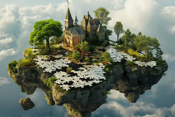 Poster - A floating island made entirely of puzzle pieces, some of them missing