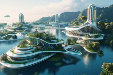 Poster - A floating city where technology and nature seamlessly blend. 