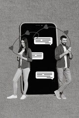 Aufkleber - Creative collage photo of young couple two lovely people hold smartphones chatting online telegram app near display isolated on pink background