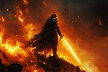 Poster - A fantasy warrior standing atop a burning battlefield, holding a glowing sword