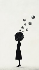 Poster - Silhouette of a woman losing thoughts represented by gears escaping from her head, symbolizing stress, burnout, information overload, mental health issues, and the complexity of human thinking