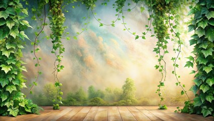 Wall Mural - Wooden Deck Framed by Lush Hanging Vines, Presenting a Serene Forest Vista Under a Dreamlike Sky