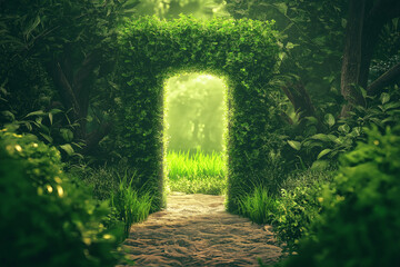 Poster - A doorway in the middle of a desert, opening into a lush, green paradise.