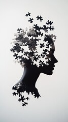 Poster - Silhouette of a person with puzzle pieces forming an explosive pattern from the head, symbolizing stress, information overload, and mental health challenges like burnout and dementia