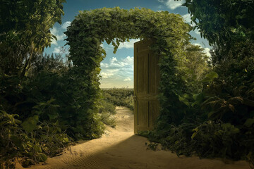 Poster - a doorway in the middle of a desert, opening into a lush, green paradise.