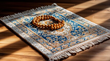 Wooden beads on prayer rug, sunlit floor, peaceful scene, religious practice