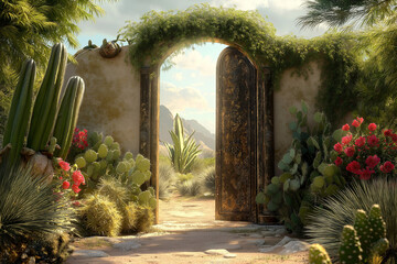 Poster - A doorway in the middle of a desert, opening into a lush, green paradise.