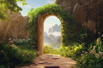 Poster - a doorway in the middle of a desert, opening into a lush, green paradise.