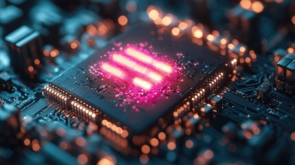 Wall Mural - Close-up view of a microchip's intricate circuitry, glowing with vibrant pink and orange hues. A captivating image representing technological advancement and innovation.