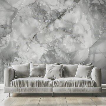 A white sofa sits in front of a wall covered in a gray and white marble pattern