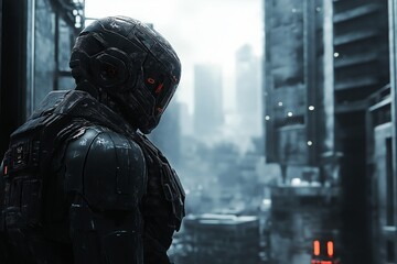 Poster - A cybernetic soldier in a high-tech, war-torn futuristic city