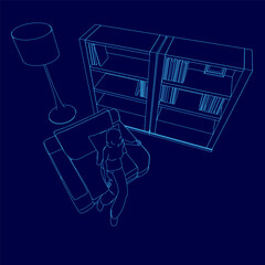 Poster - A person is sitting on a couch in a room with a bookshelf behind them. The bookshelf is filled with books, and the person appears to be reading