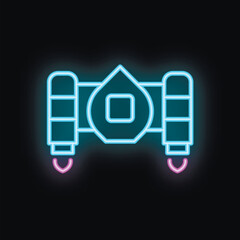 Poster - Neon sign of a spacecraft flying with fire coming out of its engines on a black background