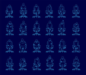 Wall Mural - A series of blue drawings of people sitting in chairs. The chairs are all same size and style. The drawings are in blue and appear to be in a comic book style