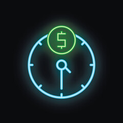 Poster - Neon sign depicting a clock with a dollar sign in the center, illustrating the concept of time being equivalent to money