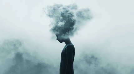 Aufkleber - Surreal image of a woman with smoke coming out of her head, representing thoughts, dementia, stress, burnout, and migraine, creating a conceptual visual of mental health issues
