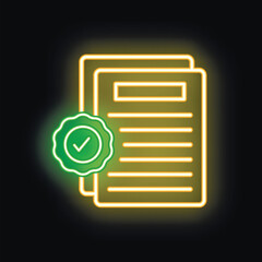 Poster - Neon icon of documents with green approved stamp on black background