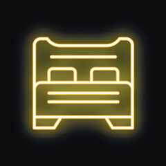Poster - yellow neon double bed glowing on dark background, concept of love, romance and valentine's day