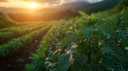 Wall Mural - Sunset farm irrigation, lush plants, mountain background, agricultural use