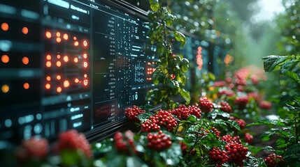 Futuristic farm; digital monitoring; plant growth; automated agriculture; background greenery; stock photo