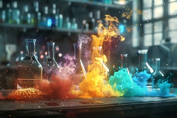 Poster - A chemistry lab with a chemical reaction occurring in a glass flask, producing colorful, bubbling effects